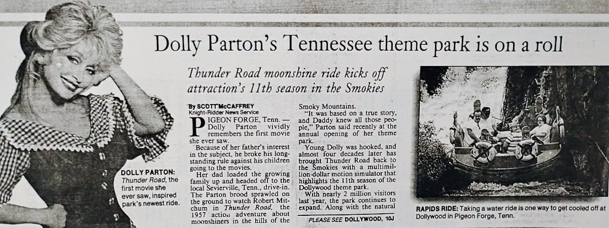 Scott McCaffrey's 1996 Dolly Parton coverage in the Miami Herald (courtesy Dollywood) | ARLnow Newspaper spread about Dolly Parton's Tennessee theme park, with Dolly Parton on the left and a raft photo on the right; headline reads 'Dolly Parton’s Tennessee theme park is on a roll.'