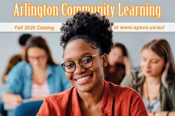 Smiling woman with glasses in a classroom foreground; banner at top reads Arlington Community Learning, Fall 2026 Catalog.
