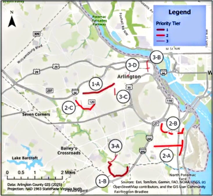 Map of Arlington area showing priority routes marked in red (e.g., 1-A, 1-B) with surrounding roads, a river, and a legend in the top-right.