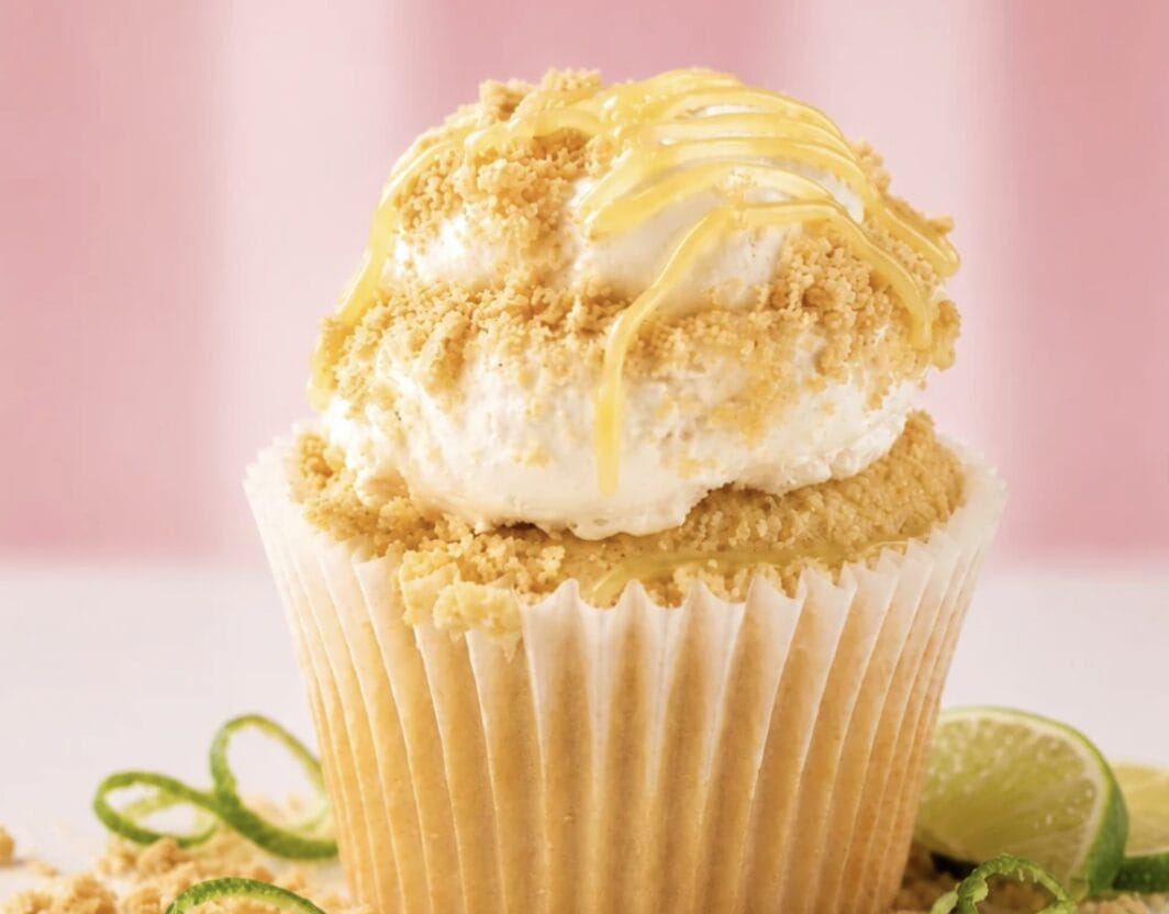 Cupcake with crumbly streusel topping, white frosting, and yellow drizzle against a pink background. Lime wedges visible nearby.