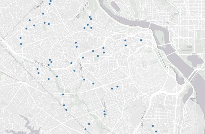 A map of speed cameras in Arlington (via Arlington County) | ARLnow City map with numerous blue pins indicating locations plotted across central districts and along the river.