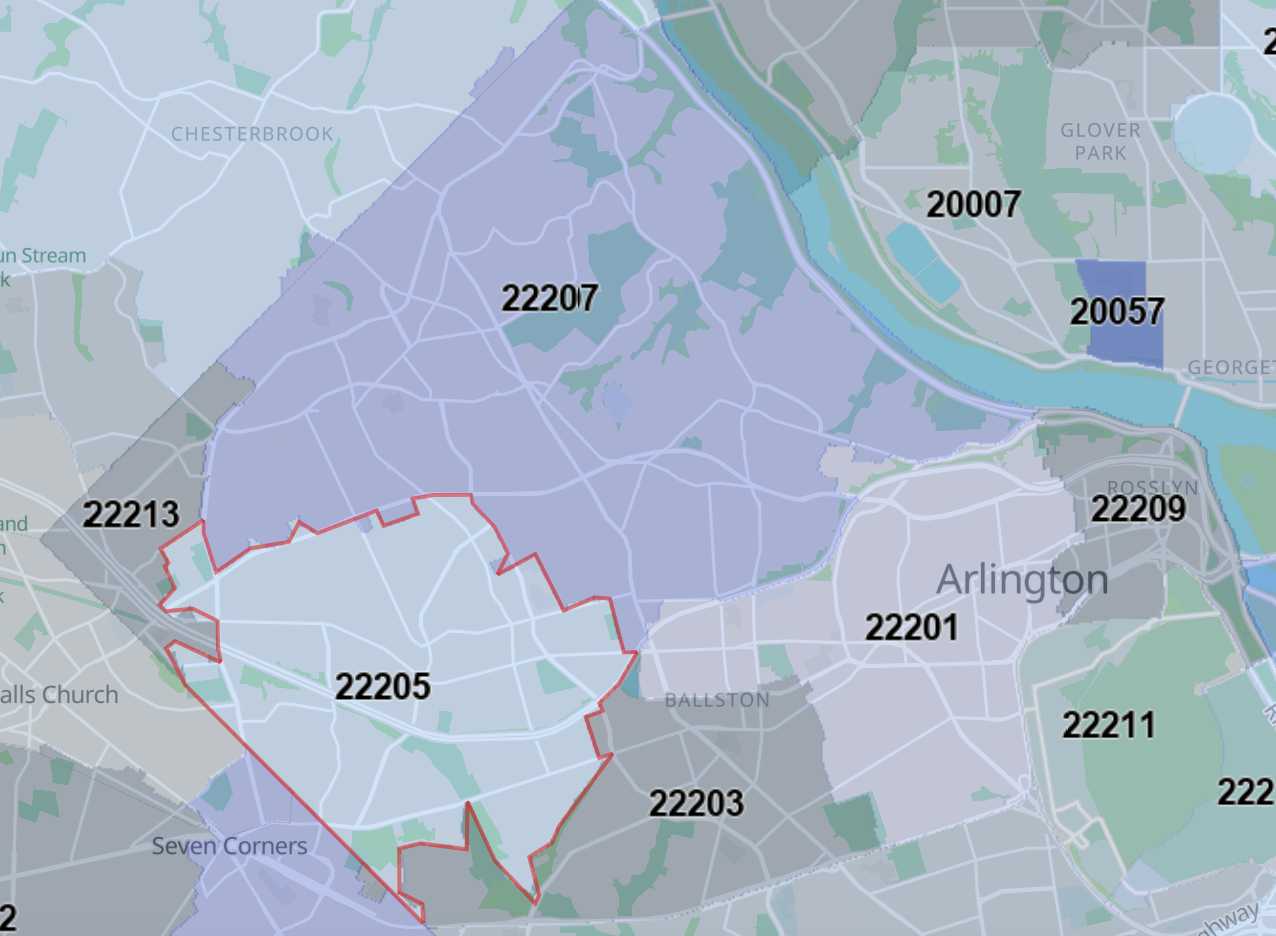 Map of ZIP code boundaries around Arlington, Virginia, with bold numbers (e.g., 22207, 22201, 22205) and a river to the northeast.
