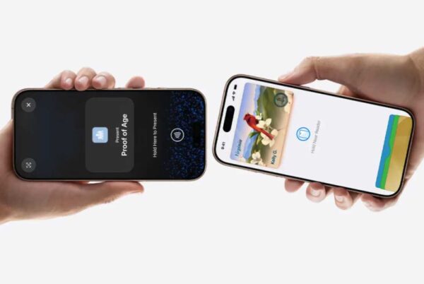 Two hands hold iPhones facing each other, showing a digital age verification screen on the left and a white wallet screen on the right.