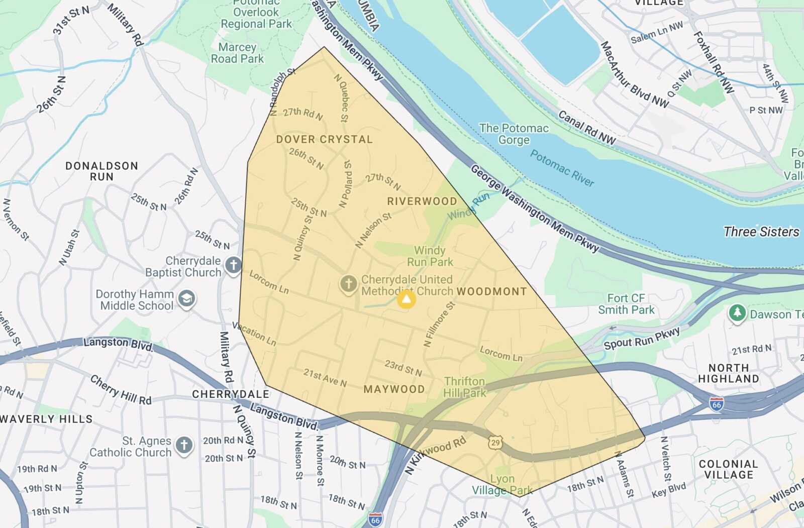 Map highlighting a triangular beige area over parts of Dover Crystal, Riverwood, and Maywood along the Potomac River near I-66 and the GW Parkway