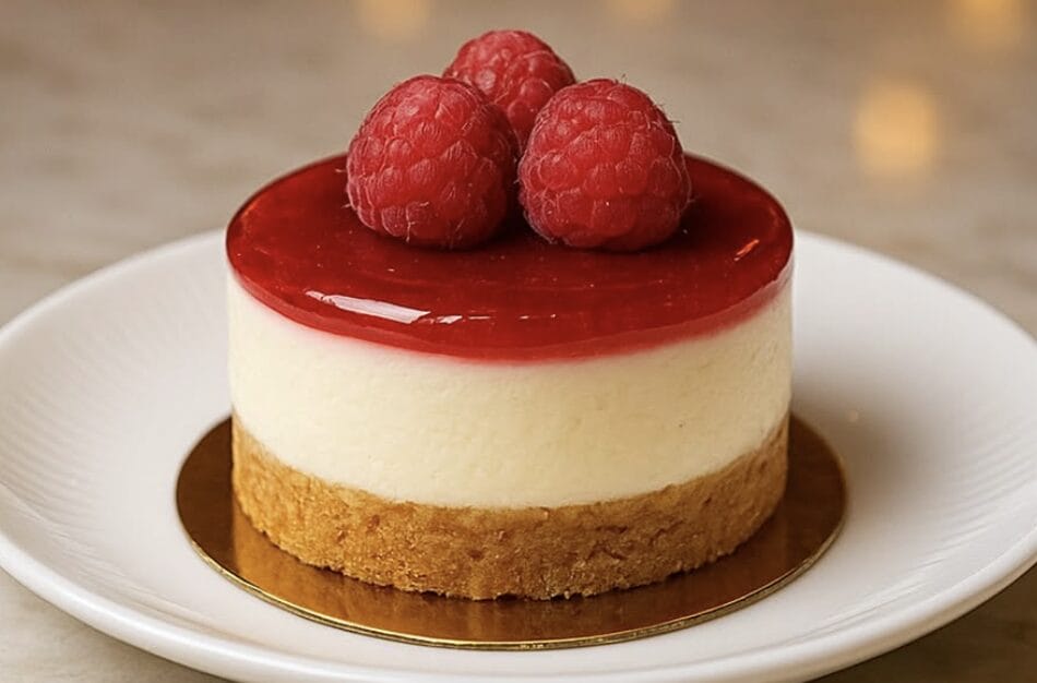 Mini round cheesecake with a glossy red raspberry glaze, white creamy layer, graham crust, topped with three raspberries on a white plate.