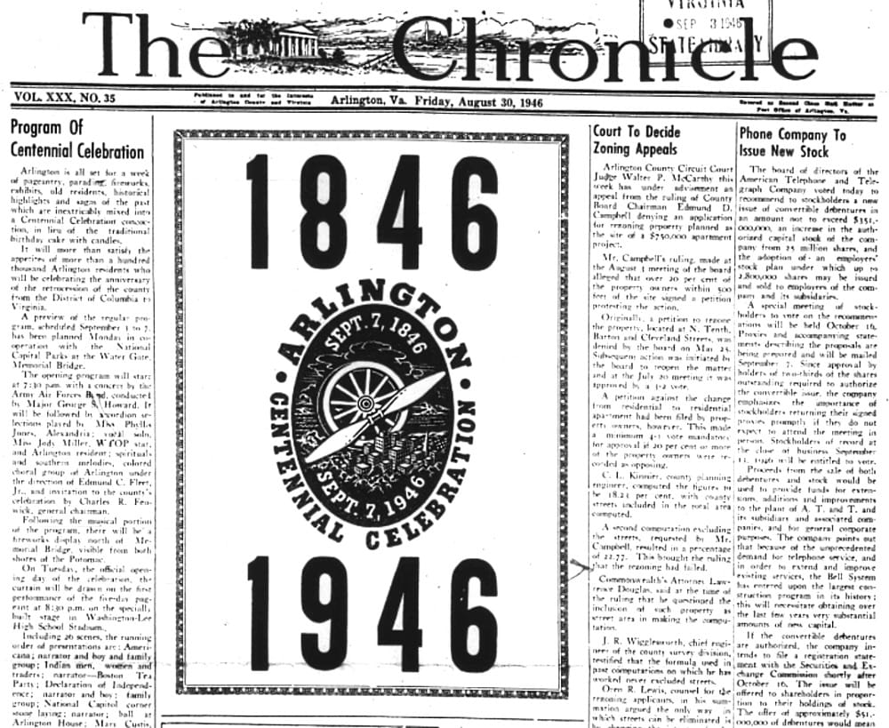 Front page of The Chronicle announcing Arlington's Centennial Celebration (1846–1946) with a large 1846–1946 banner and seal.