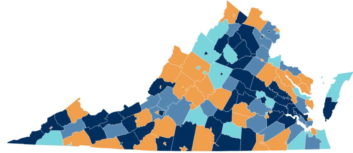 Year-over-year changes in home sales, July 2026 (via Virginia Realtors) | ARLnow Color-coded map of Virginia counties, with orange and blue areas indicating different regions or categories.