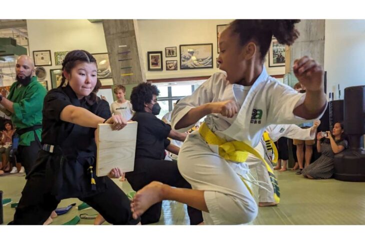 Young student in a black gi holds a wooden board as another student in a white gi with a yellow belt performs a kick in a martial arts class.
