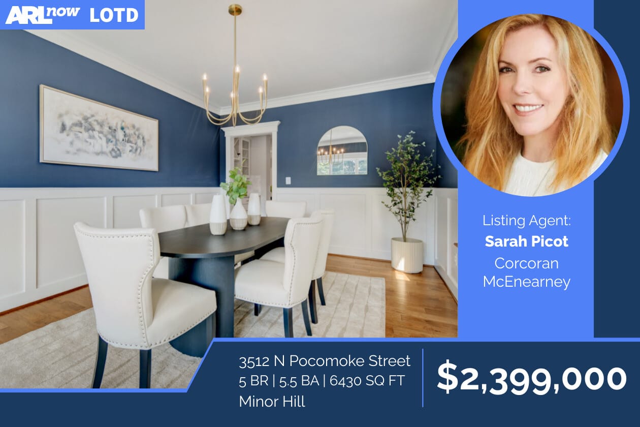 Open-concept dining room with blue walls, white wainscoting and a dark round table set with cream chairs; real estate ad layout on the right shows agent photo and price info.
