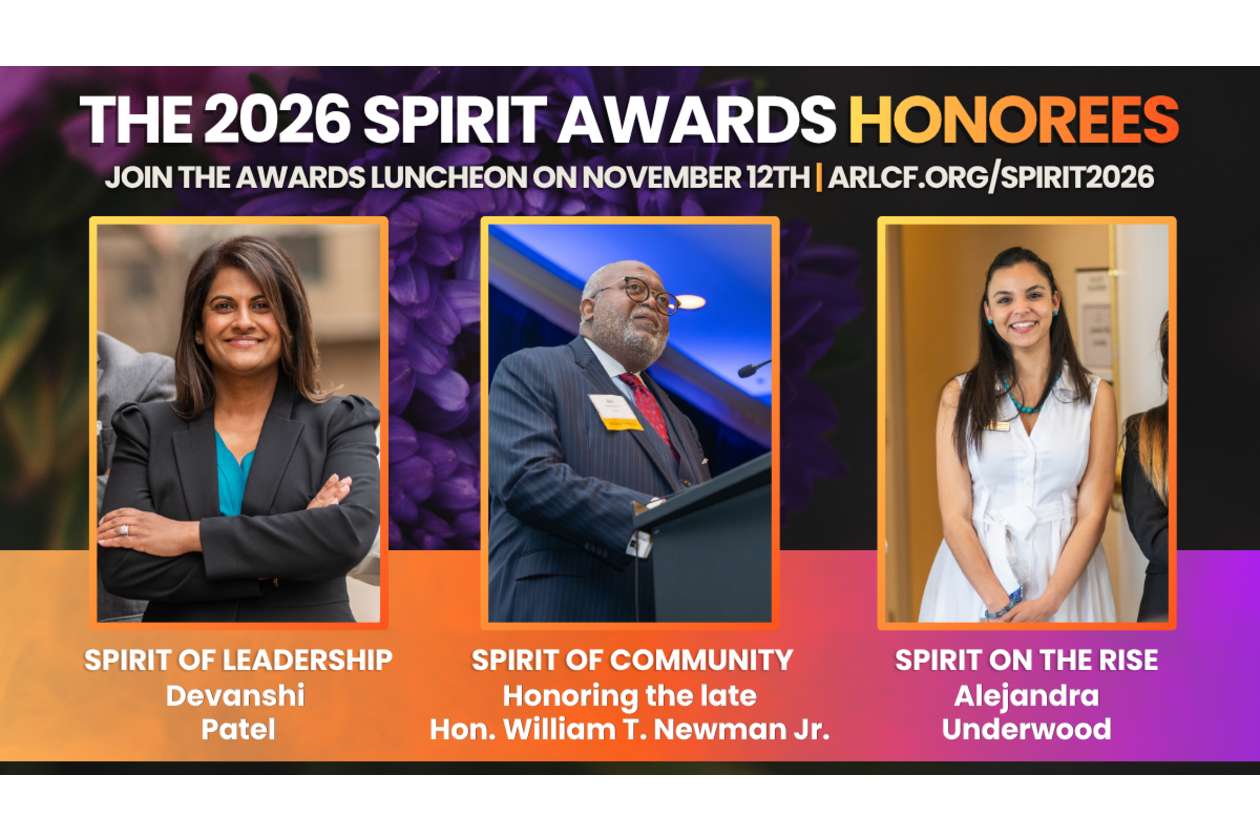 The 2026 Spirit Awards Honorees banner showing three framed portraits: Devanshi Patel (Spirit of Leadership), Hon. William T. Newman Jr. (Spirit of Community), Alejandra Underwood (Spirit on the Rise).