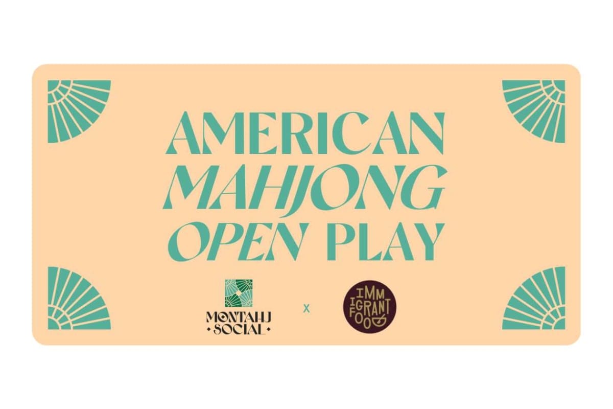 Promotional peach card for American Mahjong Open Play with teal corner fan decorations and sponsor logos at the bottom (event branding).