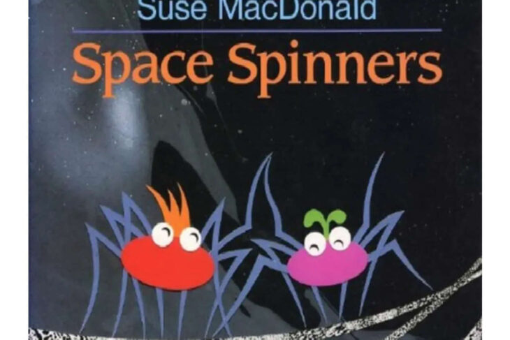 Book cover titled Space Spinners with two colorful cartoon spiders on a dark space background.