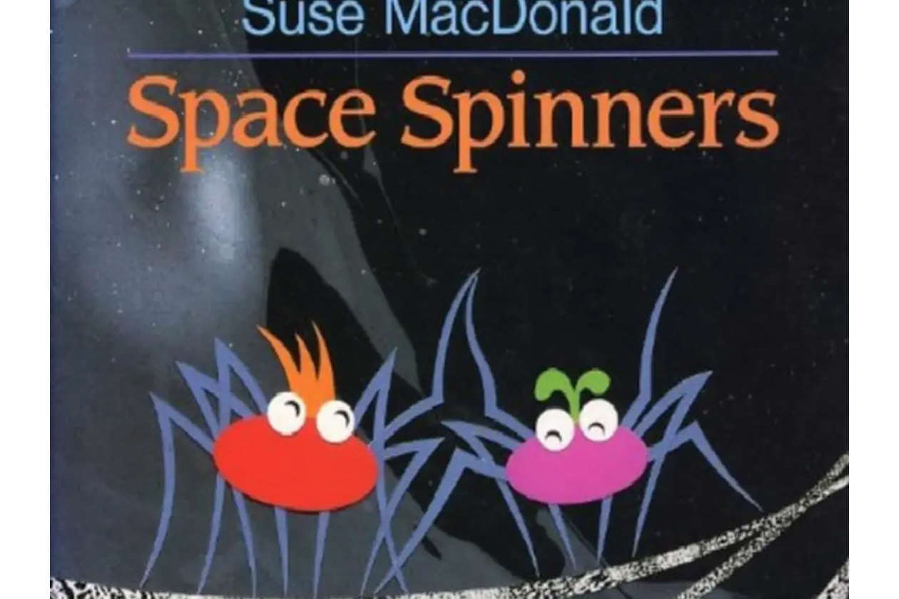 Book cover titled Space Spinners with two colorful cartoon spiders on a dark space background.