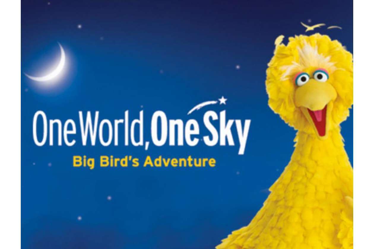 Big Bird stands against a deep blue night sky with the title 'One World, One Sky' and subtitle 'Big Bird's Adventure' on the left side.