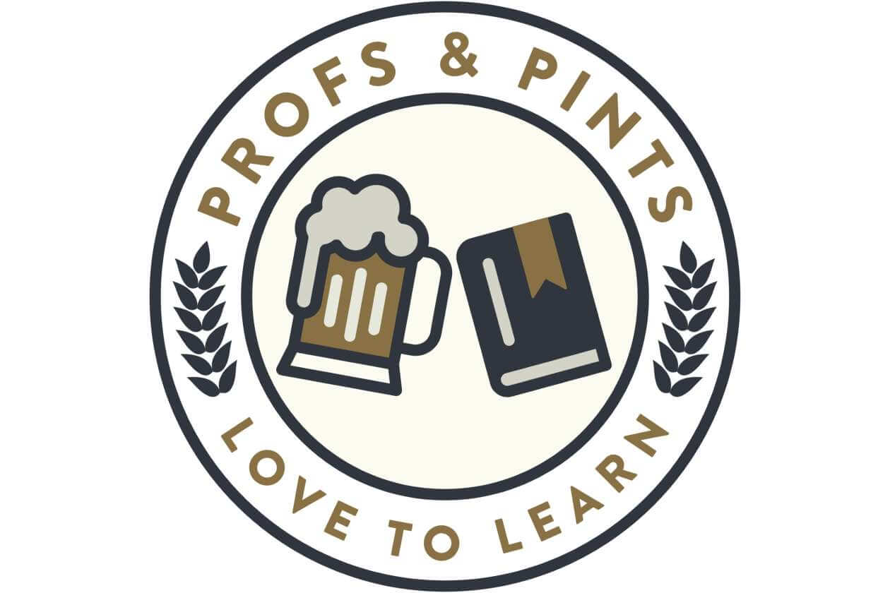 Circular logo for 'PROOFS & PINTS' with two clinking mugs (beer and a book) in the center, surrounded by laurel accents and the motto 'LOVE TO LEARN'.
