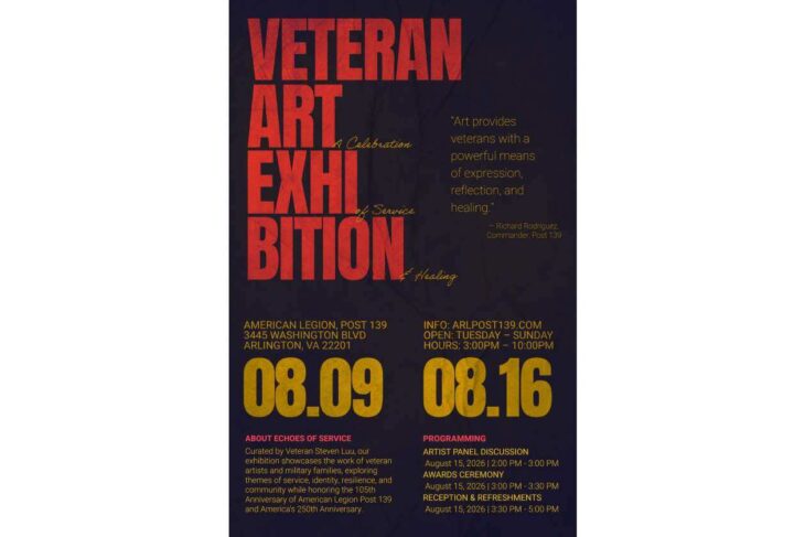 Poster for a Veteran Art Exhibition with bold red title and gold dates 08.09 and 08.16, venue and details in yellow.