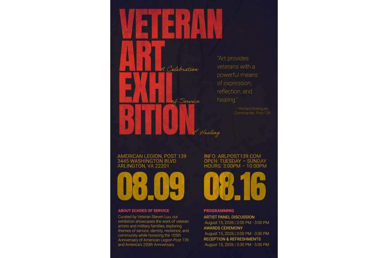 Poster for a Veteran Art Exhibition with bold red title and gold dates 08.09 and 08.16, venue and details in yellow.