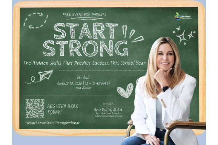 Smiling woman in a white blazer sits beside a chalkboard that reads 'START STRONG' and lists webinar details for a free parent event.