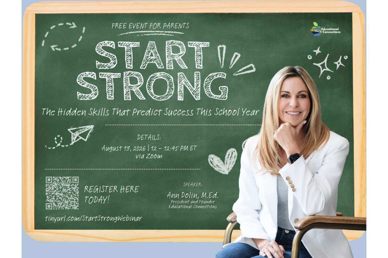 Smiling woman in a white blazer sits beside a chalkboard that reads 'START STRONG' and lists webinar details for a free parent event.