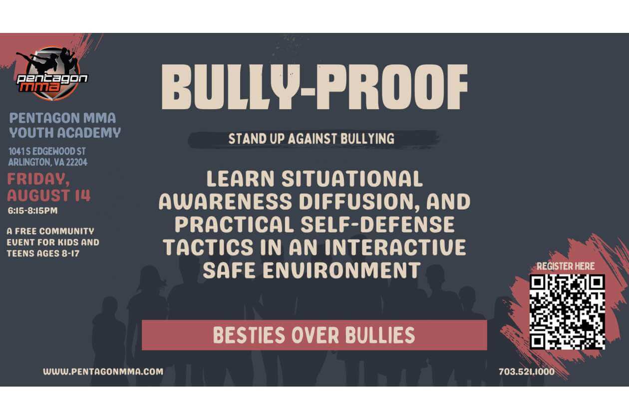 Poster for a bullying-prevention event: 'Bully-Proof' stand-up on overcoming bullying at Pentagon MMA Youth Academy.
