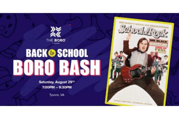 Poster for 'Back to School Boro Bash' with purple background and a guitarist; details show August 29, 7:00–9:30 PM, Tysons, VA.