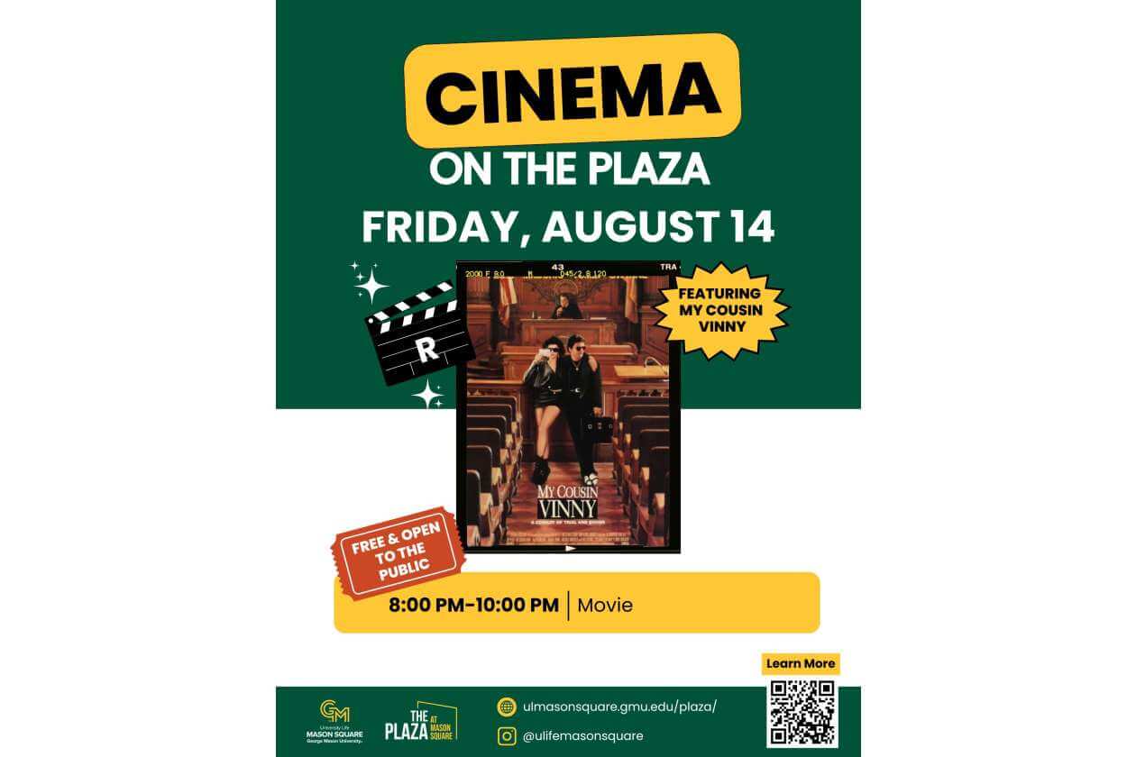 Poster advertising 'Cinema on the Plaza' outdoor movie night on Friday, August 14; free to the public, 8:00–10:00 PM, My Cousin Vinny.