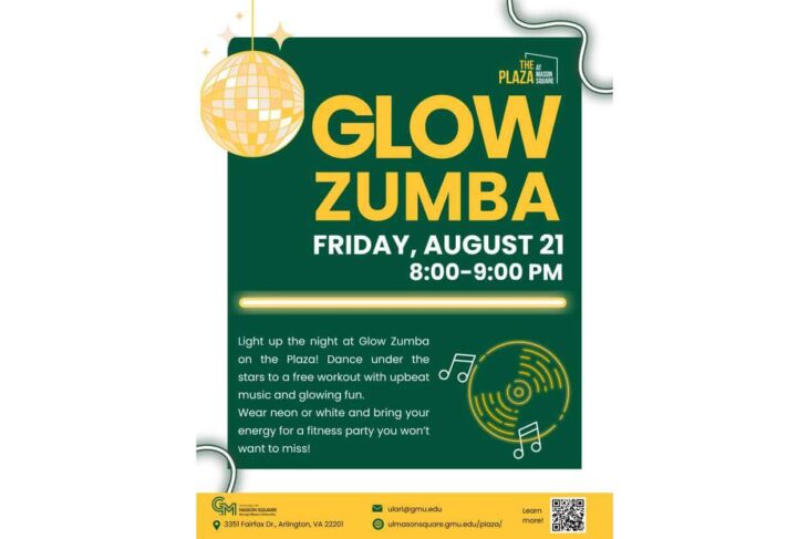 Poster advertising a Glow Zumba event at The Plaza with bold yellow text on a dark green background; date and time listed (Fri, Aug 21, 8–9 PM) and neon light graphic.