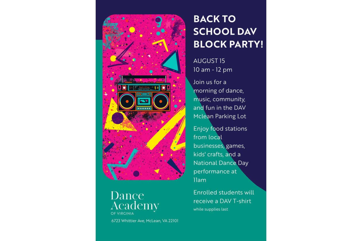 Poster for Back to School DAV Block Party with a neon pink retro boombox graphic on the left and event details on the right; August 15, 10 am–12 pm, at the DAV McLean Parking Lot; Dance Academy of Virginia logo and address at bottom.