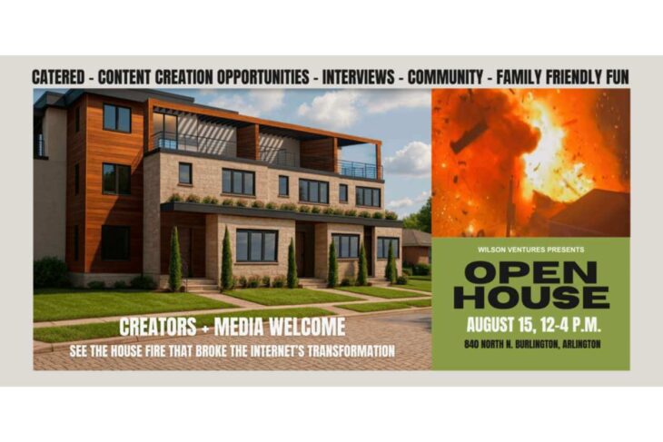 Advertisement collage showing a modern house on the left, a fire image on the right, and a green Open House panel with date and address.
