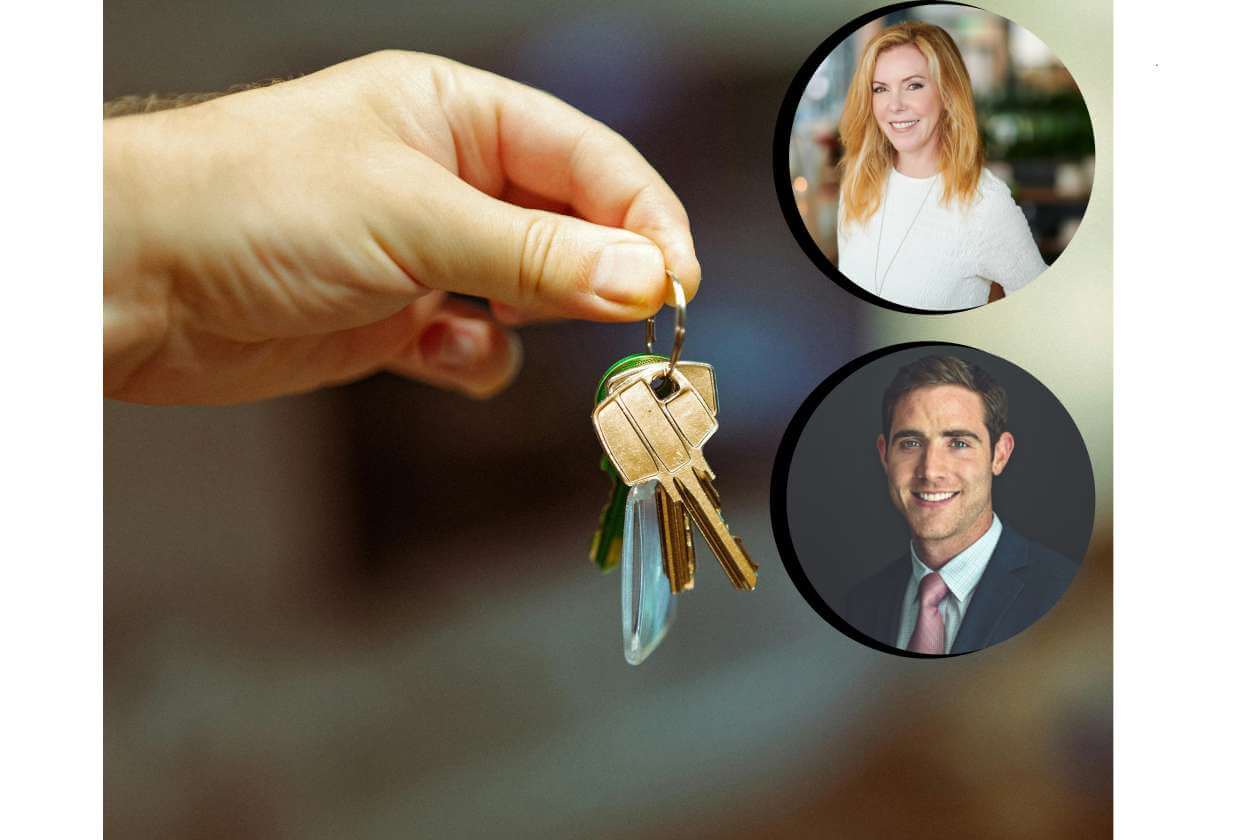 Hand holding a keyring with house keys; two circular portraits of a woman and a man on the right side.