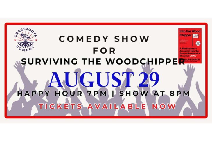 Poster advertising a comedy show on August 29 with a red border, crowd silhouettes, and 'Tickets Available Now' text