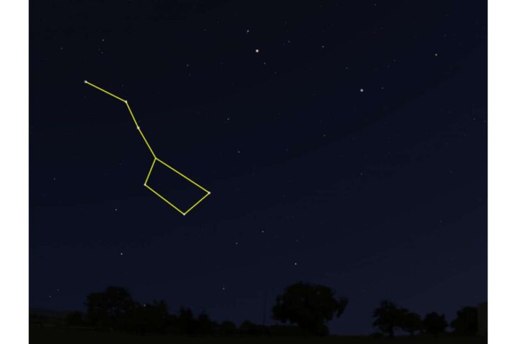 Night sky with a glowing yellow outline tracing a constellation against stars at night.