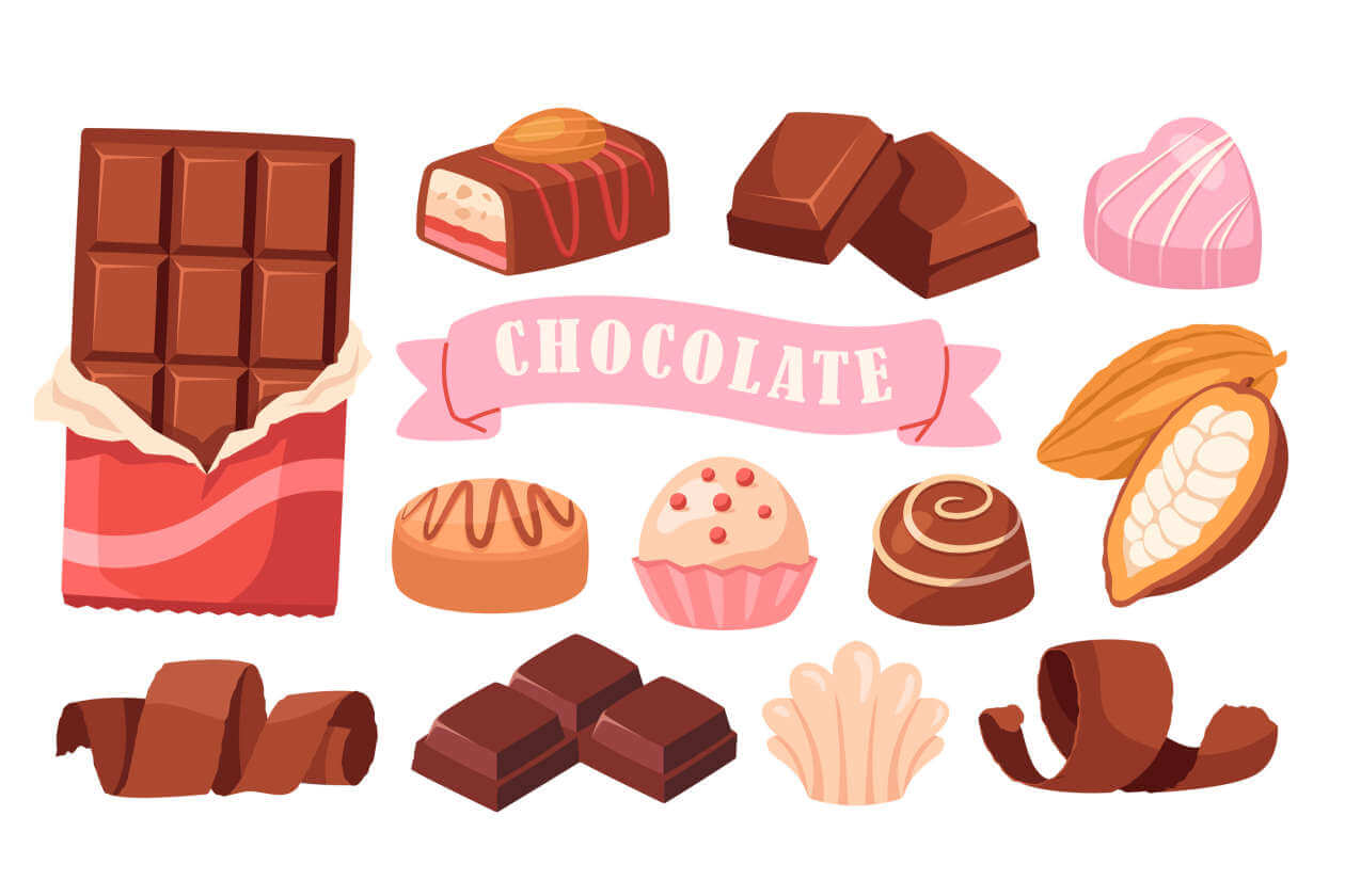 Assortment of chocolate treats including bars, truffles, pralines, and a pink banner that reads CHOCOLATE.