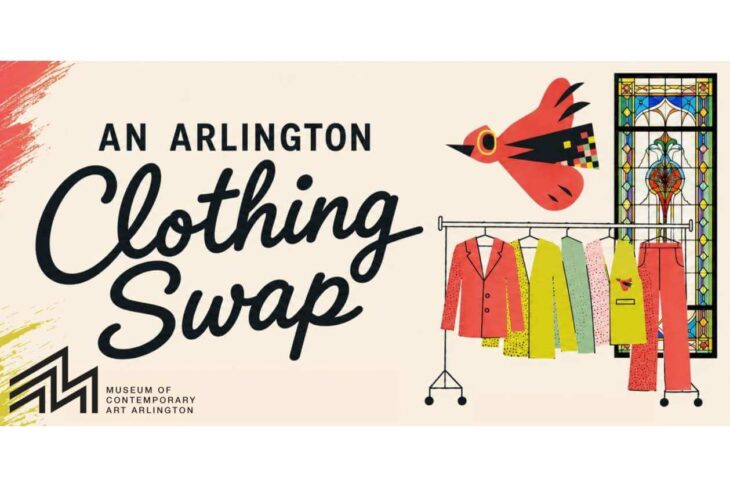 Poster for An Arlington Clothing Swap featuring a clothing rack with colorful garments and a red bird on a light background.
