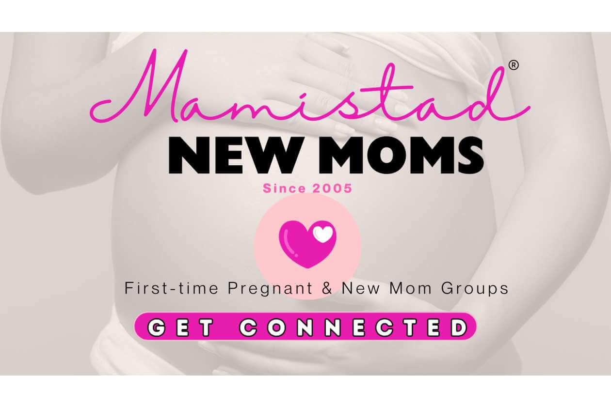 Poster for Mamistad New Moms: first-time pregnant and new mom groups with a 'Get Connected' call to action.