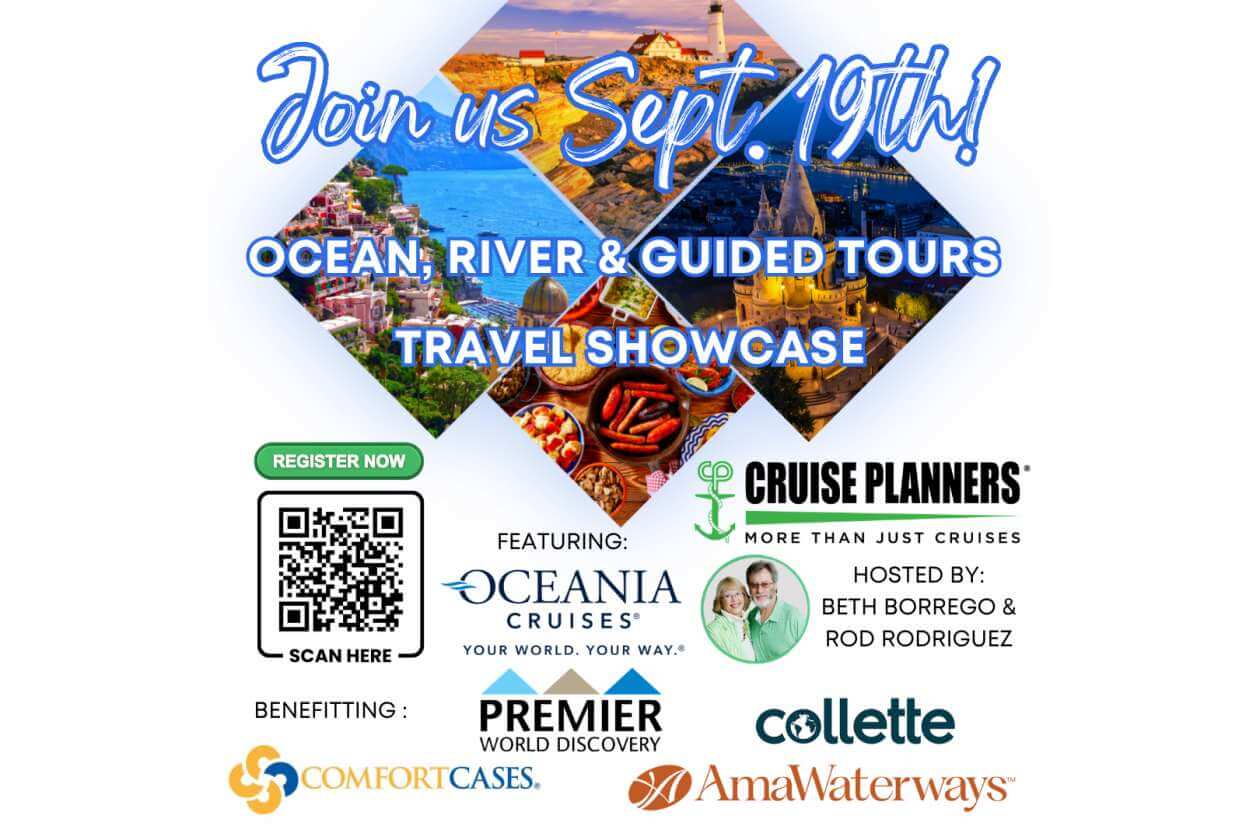 Event poster for the Ocean, River & Guided Tours Travel Showcase on Sept. 19, with a register button and a QR code. Includes multiple travel-brand logos in a collage background.