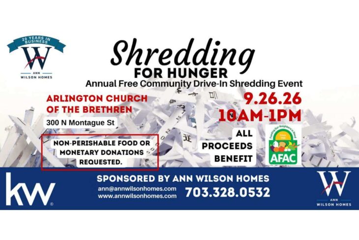 Shredding for Hunger flyer: charity drive with date, time, location— Arlington Church of the Brethren, 300 N Montague St, 10AM–1PM, 9/26/26. Non-perishable food or monetary donations requested.