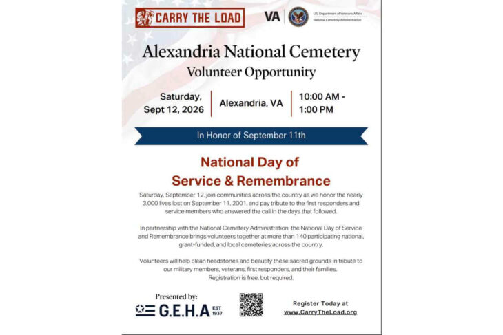 Poster for Alexandria National Cemetery Volunteer Opportunity, Sept 12, 2026, 10:00 AM–1:00 PM, Alexandria, VA, in honor of 9/11.