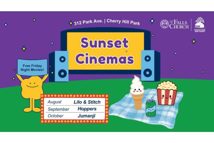 Sunset Cinemas outdoor movie night poster with a snack setup on a blanket; shows August’s Lilo & Stitch, September’s Hoppers, October’s Jumanji at 312 Park Ave, Cherry Hill Park.
