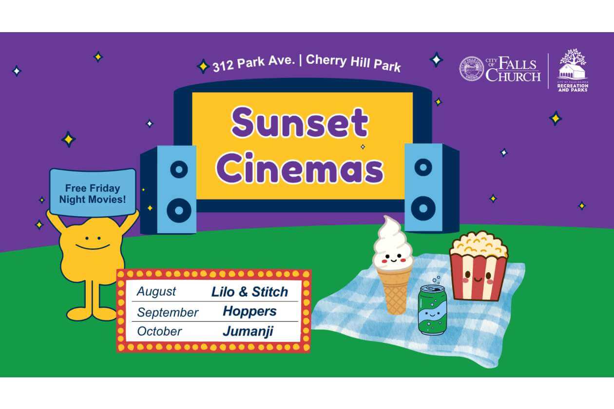 Sunset Cinemas outdoor screening poster with a yellow mascot, snack spread, and a schedule: August Lilo & Stitch, September Hoppers, October Jumanji.