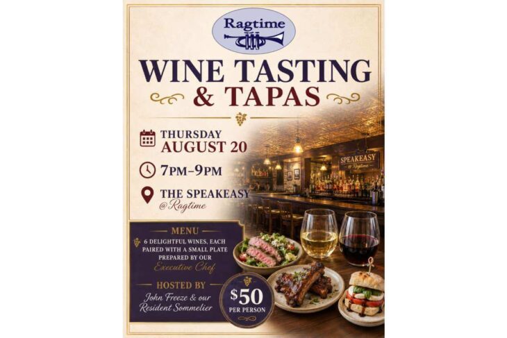 Poster for Ragtime wine tasting & tapas event with date Aug 20, 7–9pm at The Speakeasy, featuring food and wine imagery, $50 per person