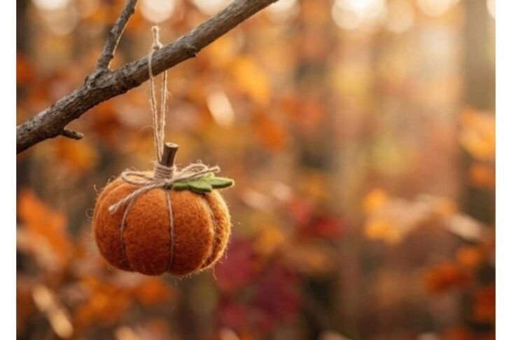 Orange felt pumpkin ornament hanging from a twig with twine in a sunlit autumn forest, blurred colorful leaves in the background.