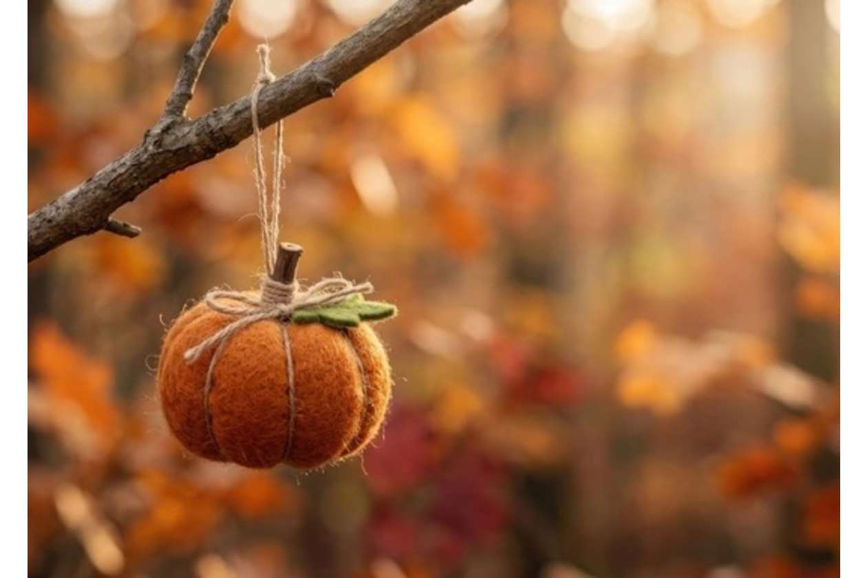 Orange felt pumpkin ornament hanging from a twig with twine in a sunlit autumn forest, blurred colorful leaves in the background.