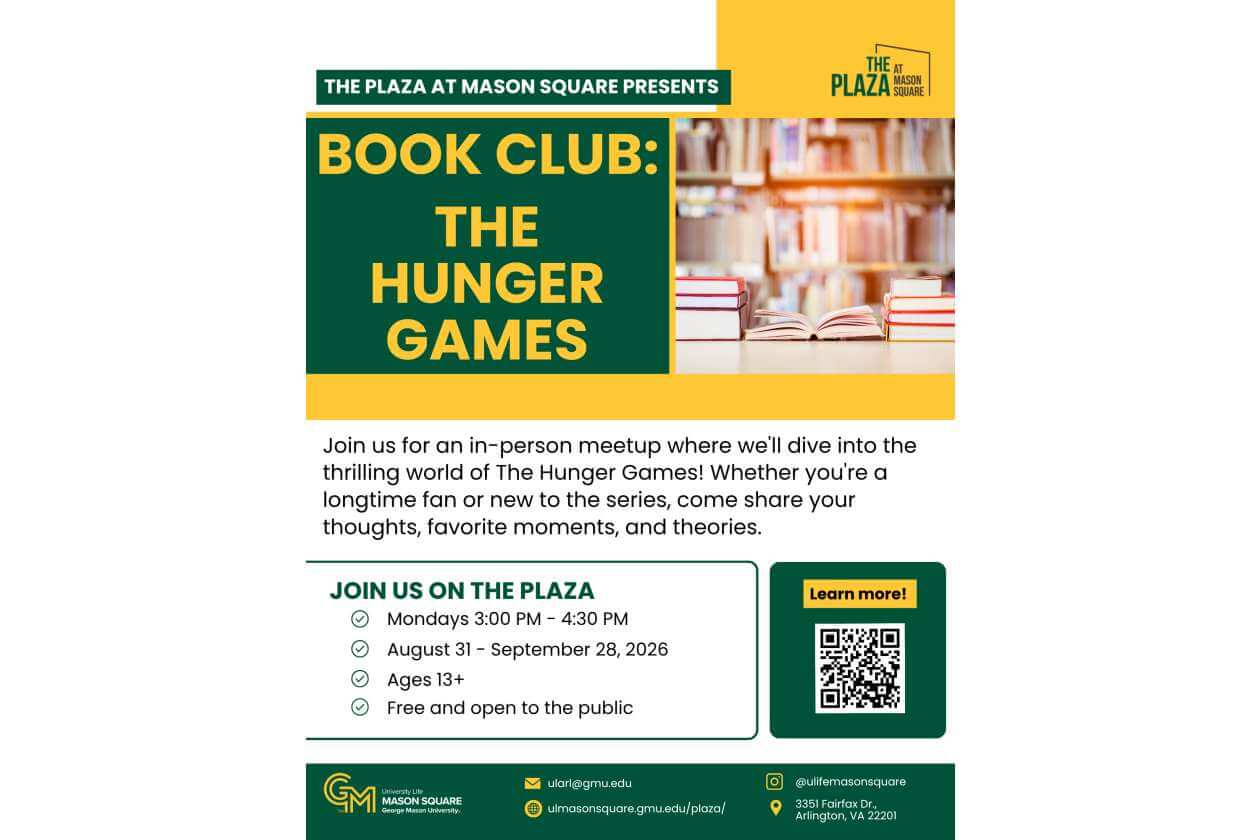 Poster for The Plaza at Mason Square announcing 'Book Club: The Hunger Games' with event details and QR code information for joining on the plaza.
