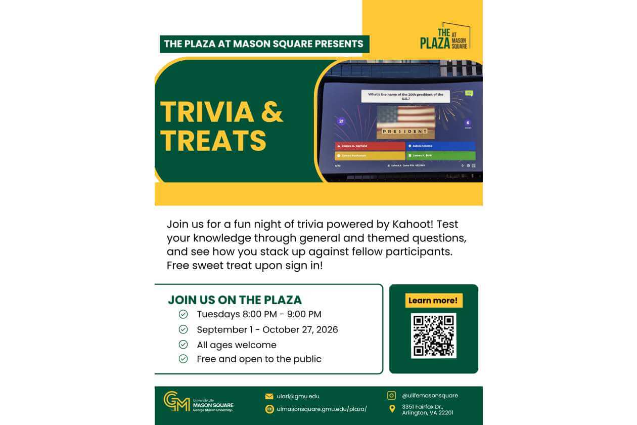 Flyer for Trivia & Treats at The Plaza Mason Square, showing a tablet screen and a QR code for more info, inviting Kahoot trivia night on the plaza.