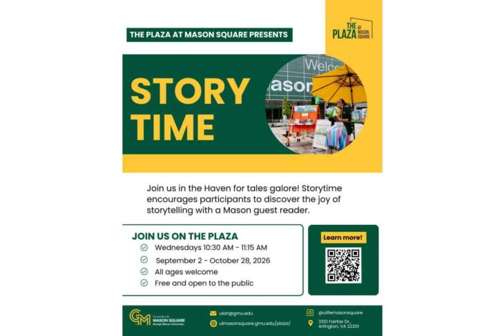 Promotional poster for Story Time at The Plaza at Mason Square: green panel with large yellow 'STORY TIME', circle photo of a storyteller under a yellow umbrella, and event details: Wednesdays 10:30–11:15 AM, Sept 2–Oct 28, 2026; all ages; free and open to the public; QR code for more information.