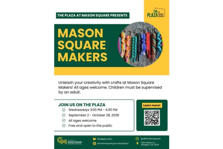 Poster for Mason Square Makers at The Plaza, featuring a green and yellow design, circle image of colorful cords, and event details with a QR code.