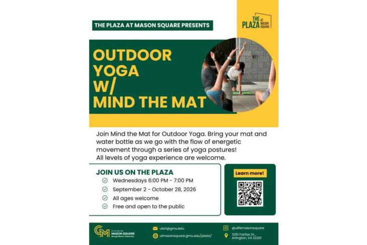 Poster advertising Outdoor Yoga with Mind the Mat at The Plaza, featuring a green panel, yellow background, and a circular photo of people practicing yoga outside.