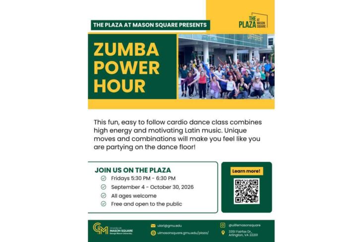 Poster for Zumba Power Hour at The Plaza at Mason Square; group photo and event details with a QR code.