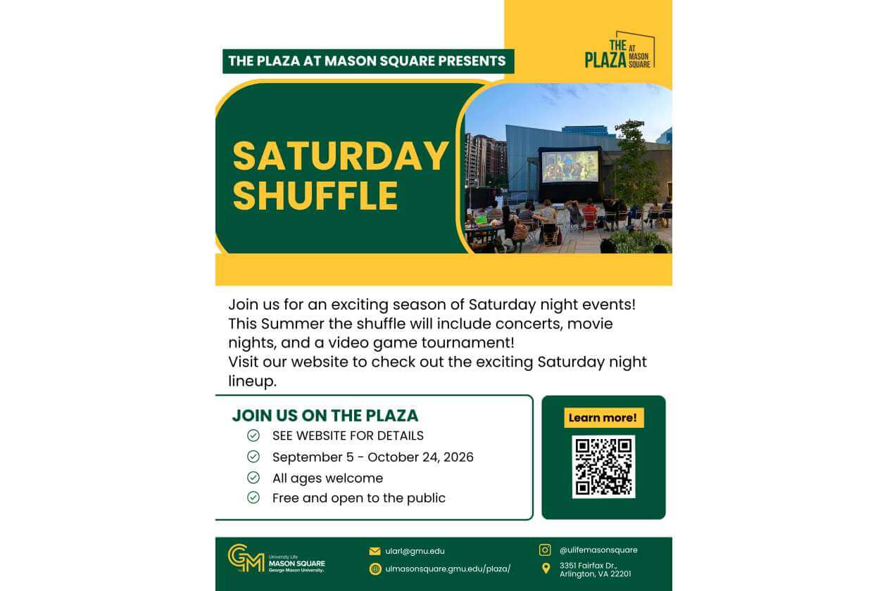 Promotional flyer for The Plaza at Mason Square: Saturday Shuffle event with a QR code and venue details on a green/yellow design image.